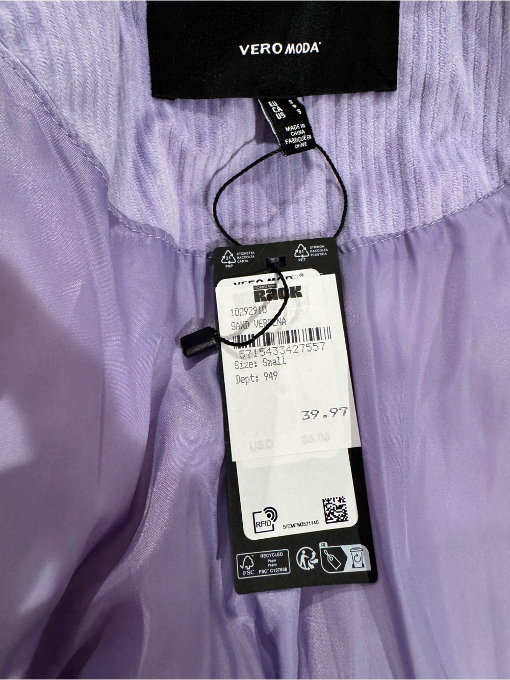 NWT-Vero Moda Light Lavender Corduroy Puffer Jacket - Picture 7 of 7